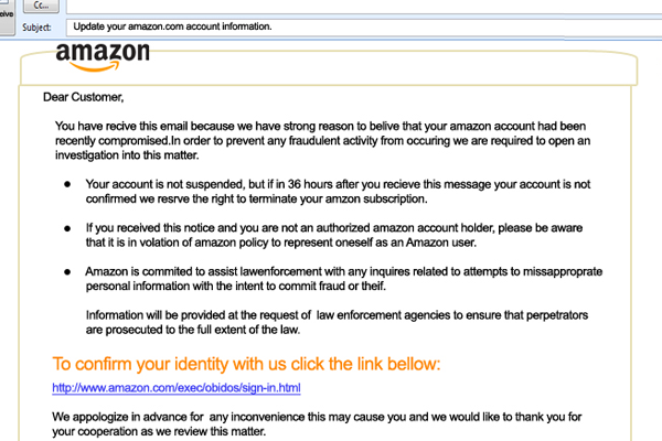 Example of Amazon sending phishing mail