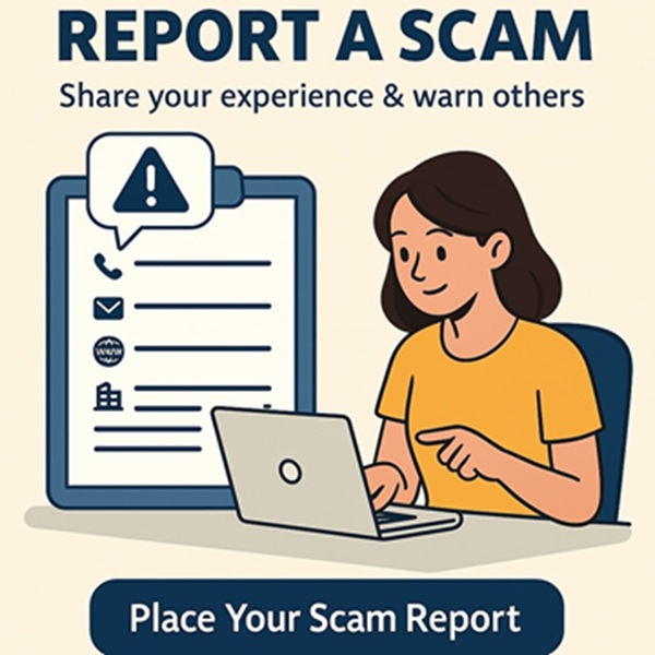 Illustration of user placing a scam report on HuntScammers